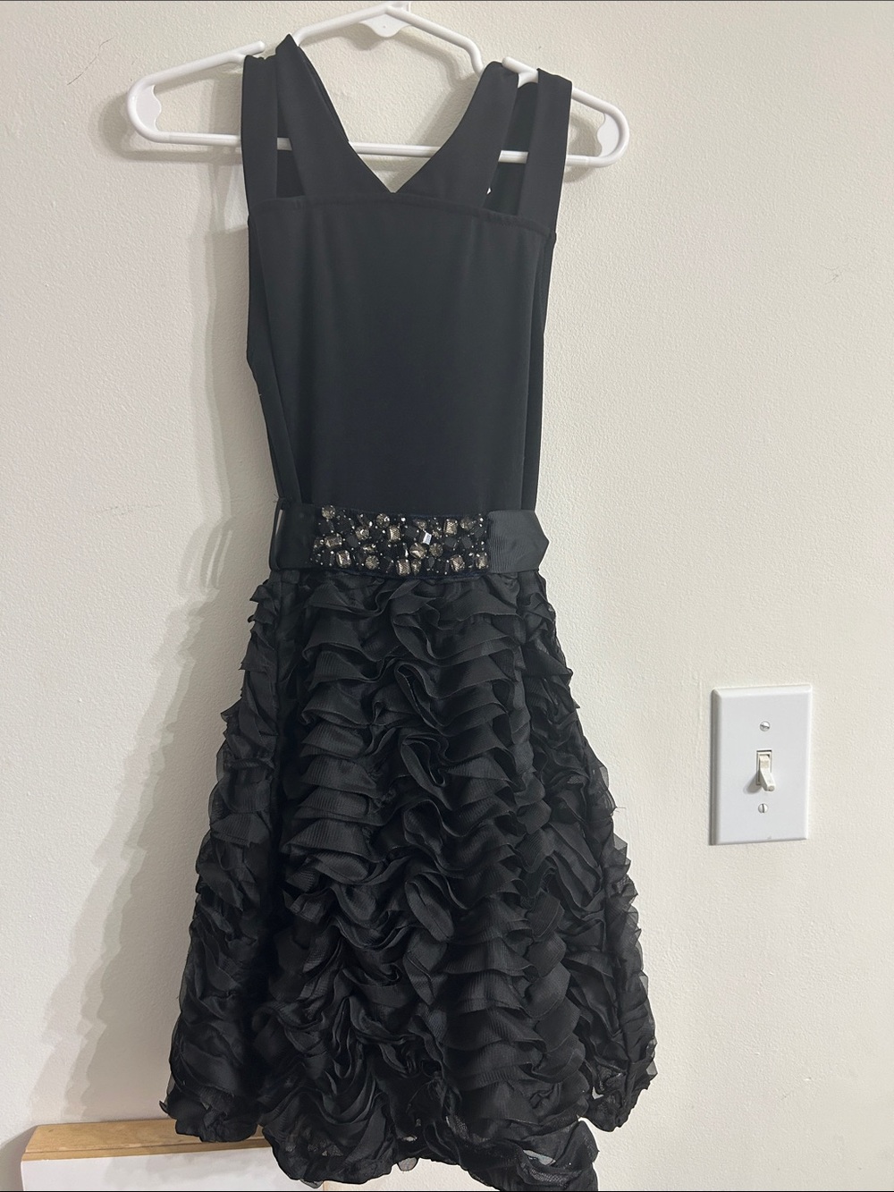 Black Ruffle Party Dress for Girls - Beaded Waist with Ribbon that Ties in Back